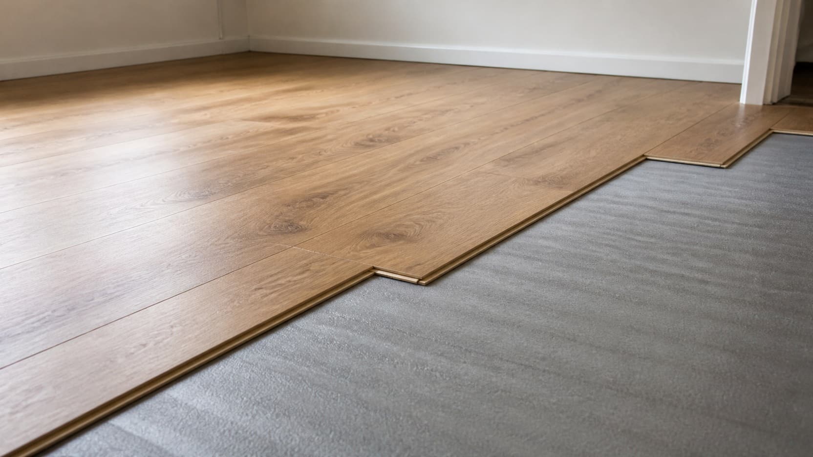 A laminate plank being clicked into place against an already laid row over grey underlayment