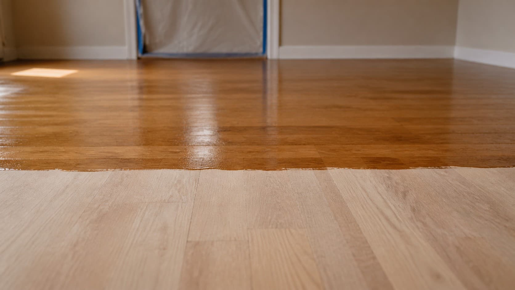 A sanded oak strip floor in an empty room, half of it coated with fresh finish and half still bare